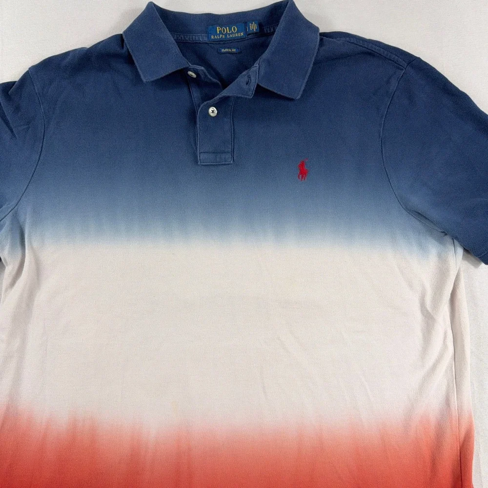 Polo Ralph‎ Lauren Polo Shirt Red White Blue Ombre Dip Dye Mens Large